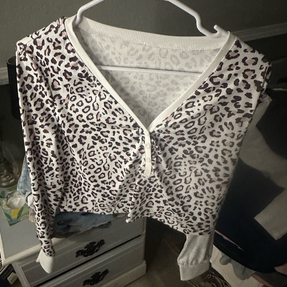 SHEIN White and Black Leopard Long Sleeve Top